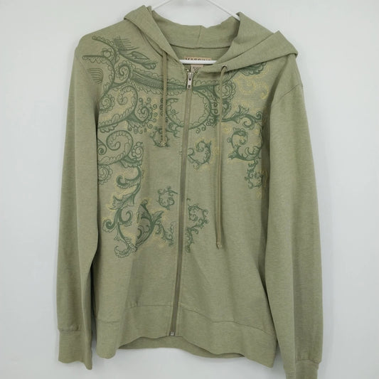 Massini Women's Zip Up Hoodie Size XL Floral Paisley Army Green Cotton Blend Y2K