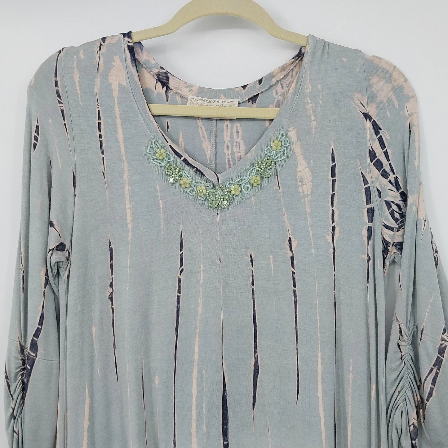 Nature Art by Lynn Yang Beaded Tunic Top Green Floral Women's Small 3/4 Sleeve