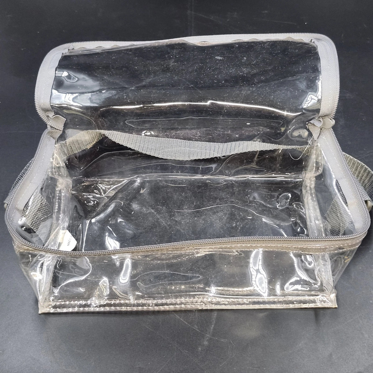 Get Organized Clear Vinyl Cosmetic Travel Organizer Bag Gray Strap 10" Zip Top