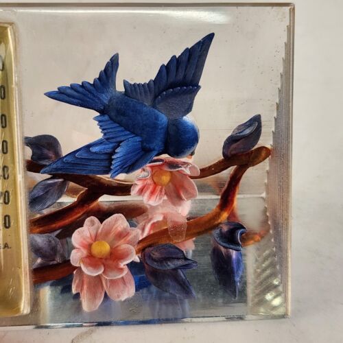 Acrylic Encased Bluebird Thermometer Desktop Paperweight Flowers Vintage 1960s