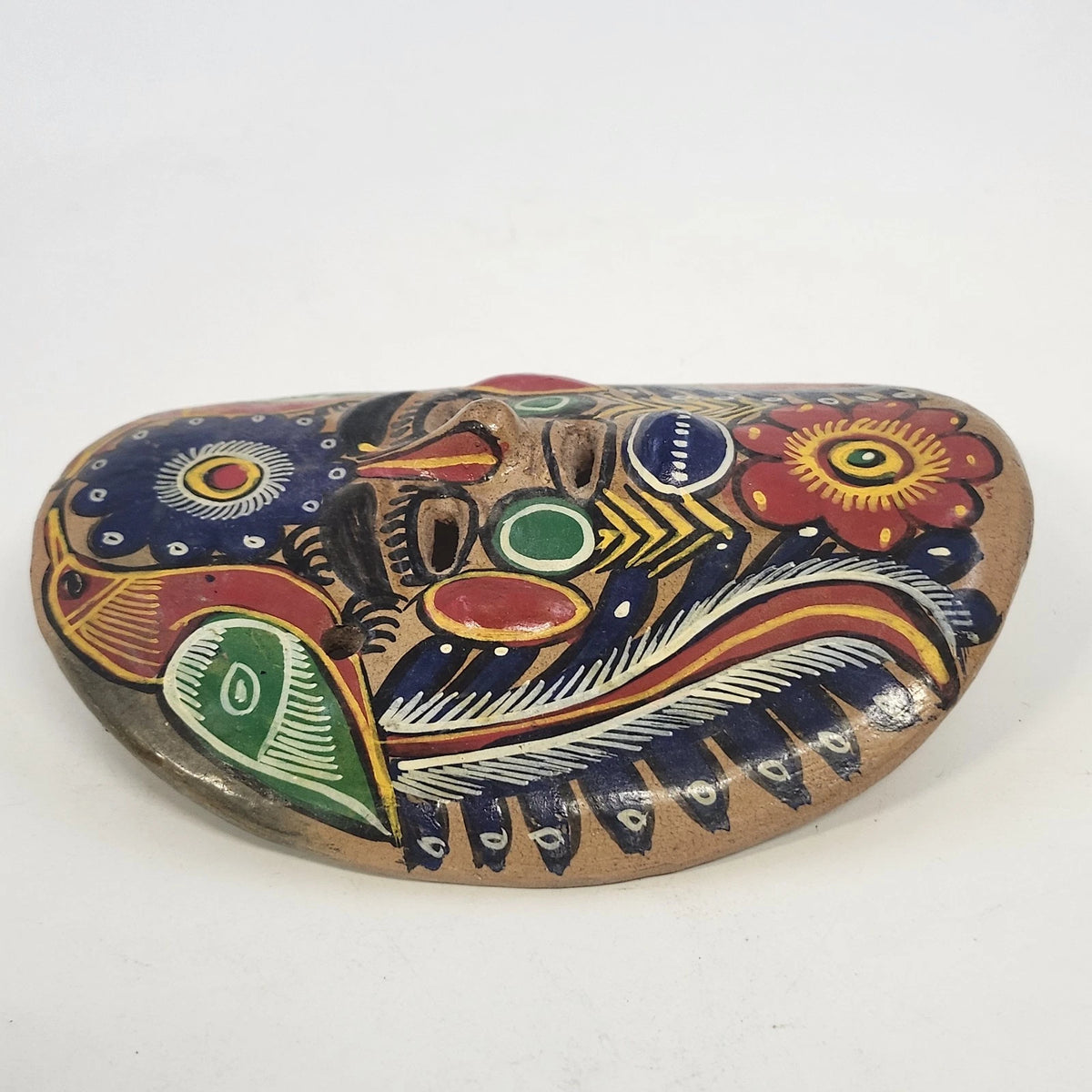 Hand Painted Natural Clay Wall Mask Bird Floral Folk Art 6" x 5" Mexican Pottery