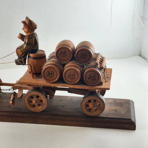 Hand Carved Wood 2 Horse Drawn Wagon Carrying Hofbräuhaus Kegs Germany 18" Vtg