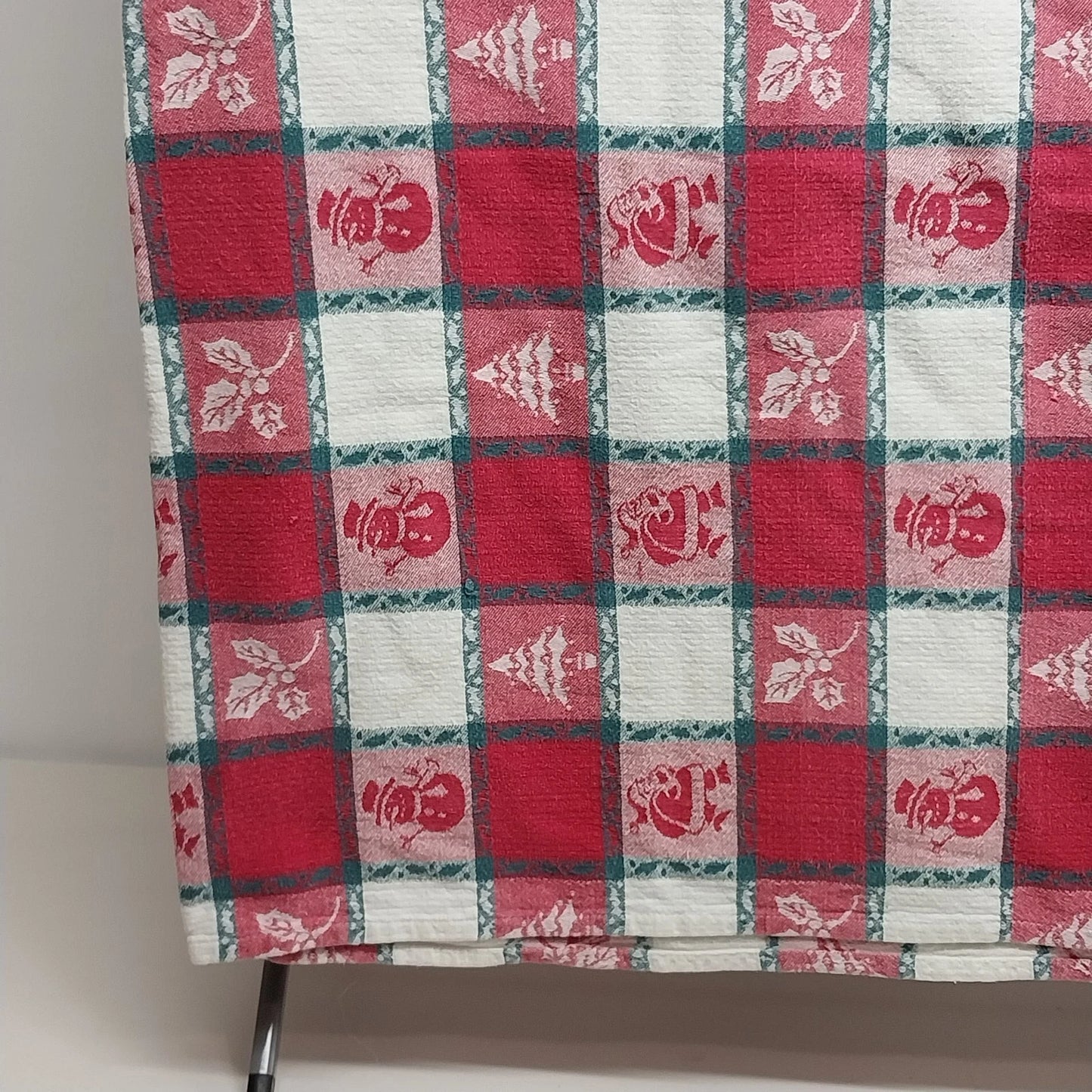 Christmas Woven Checkerboard Tablecloth Santa Snowman Red Green 52" x 72"