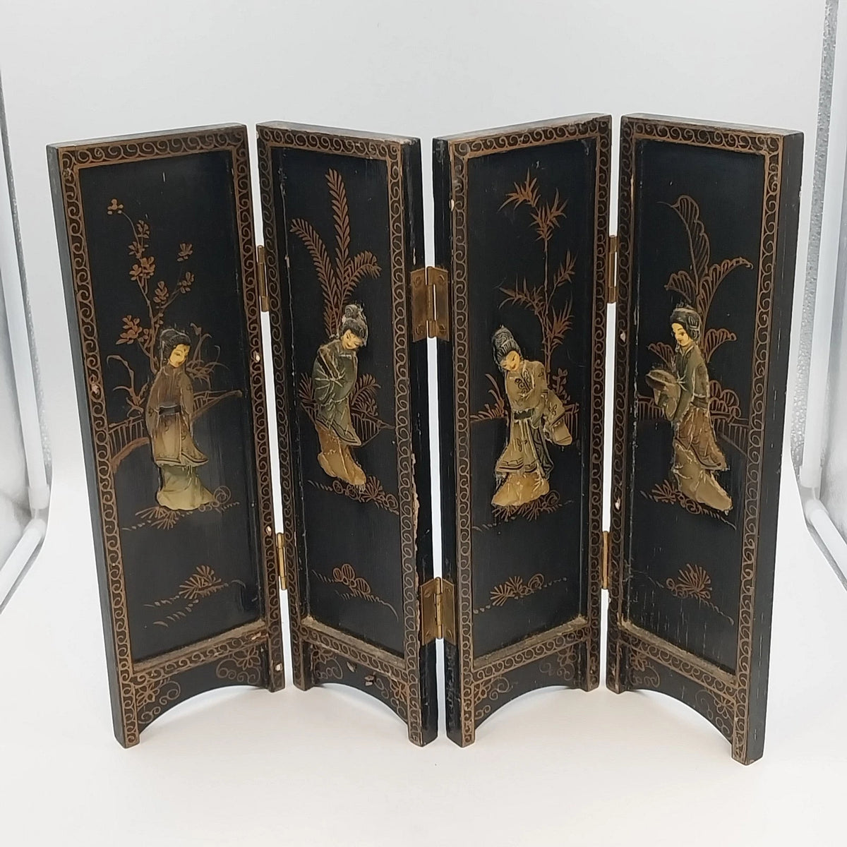 Macau Black Lacquer Soapstone 4-Panel Asian Tabletop Folding Screen 18" x 14"