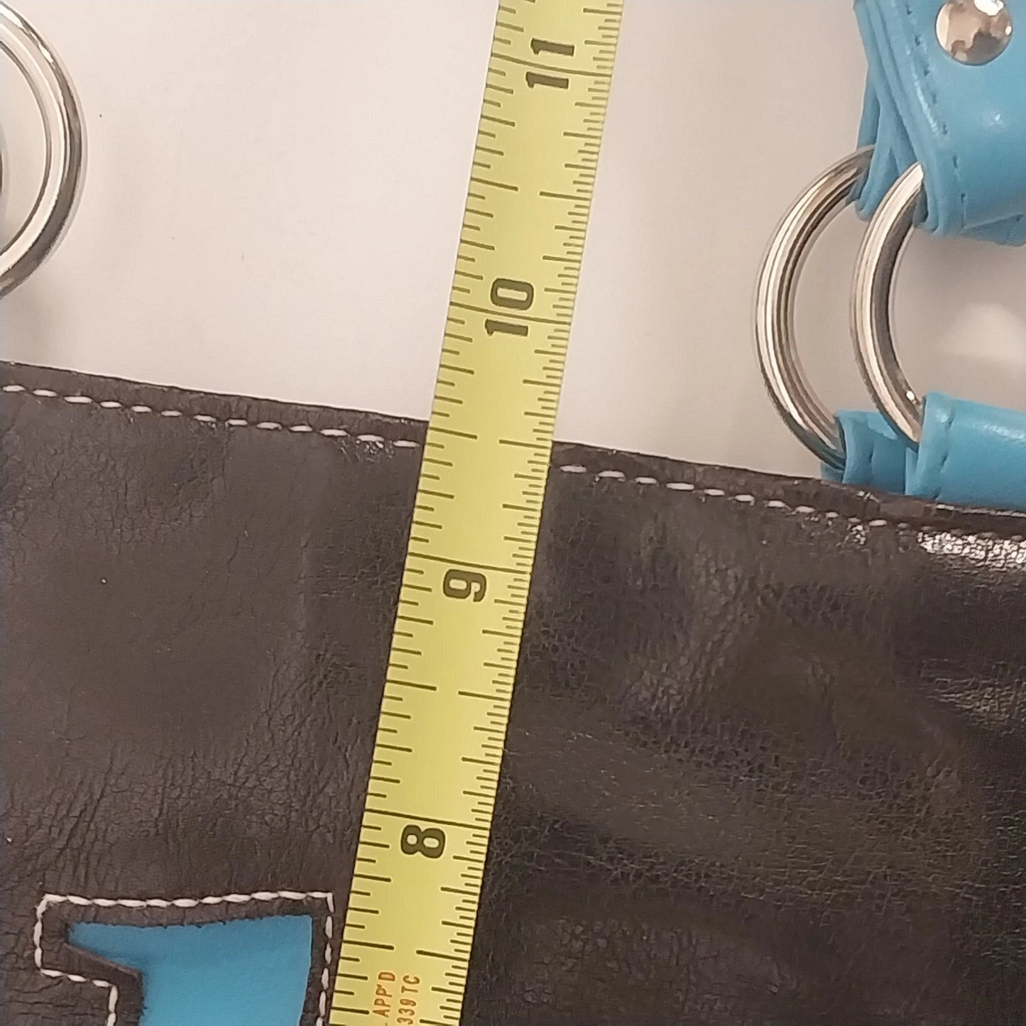 Fashion Express Black Faux Leather Tote Bag Blue Strap Zip Top