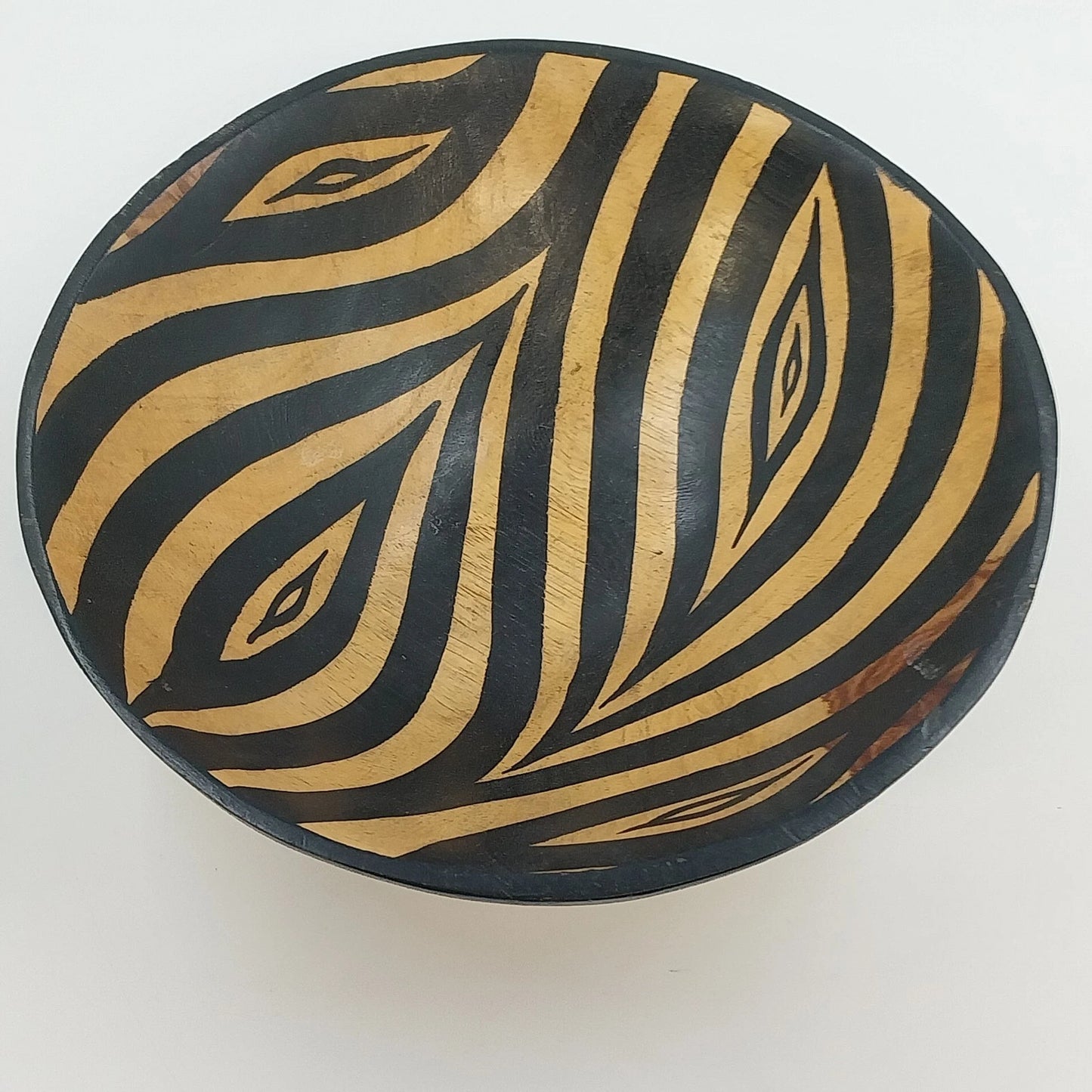Hand Carved Wooden Bowl 9.25" African Zebra Animal Print Black Tan Varnished Vtg