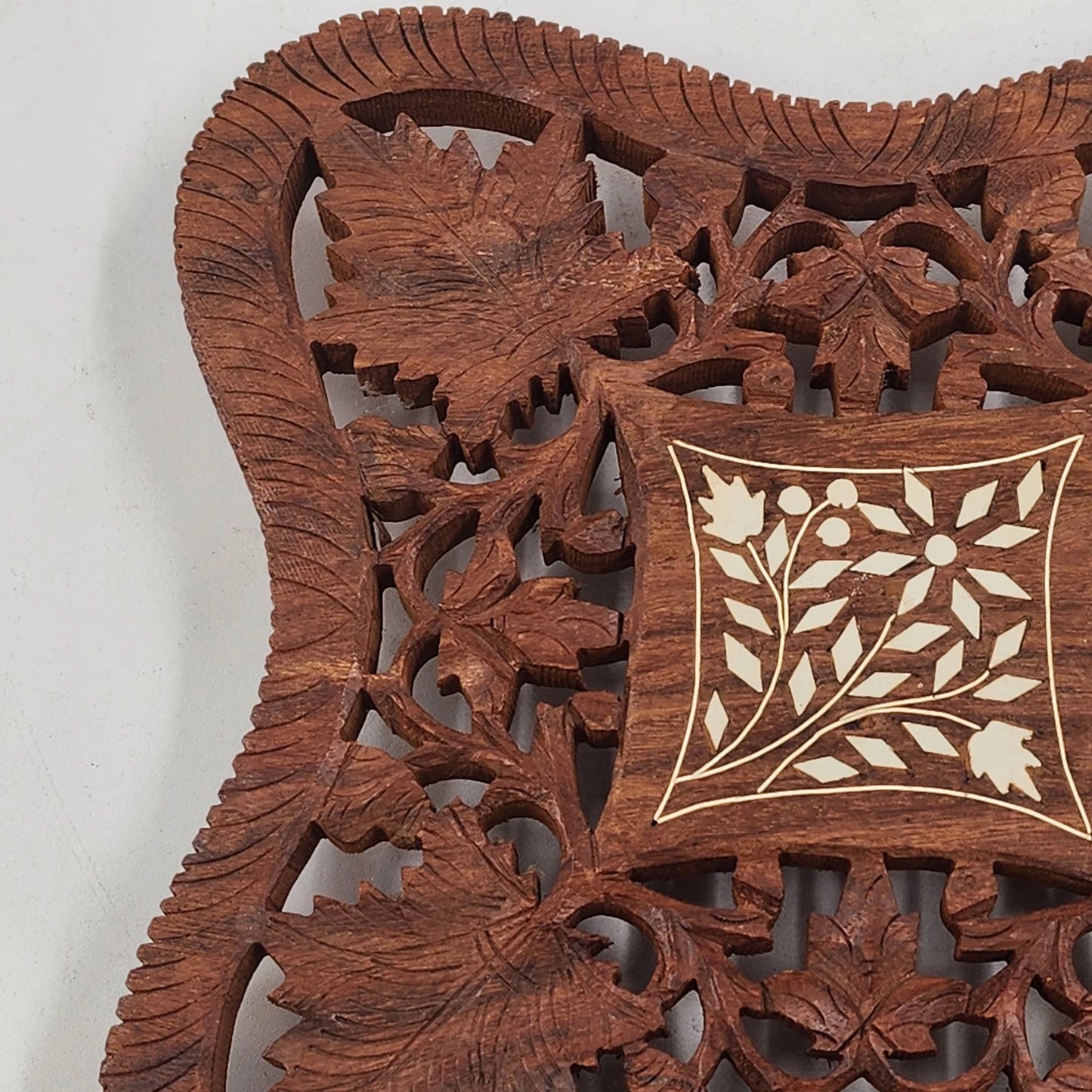 Hand Carved Wood Trivet 8" Square Gold Inlay Floral Design Vented Feet India Vtg