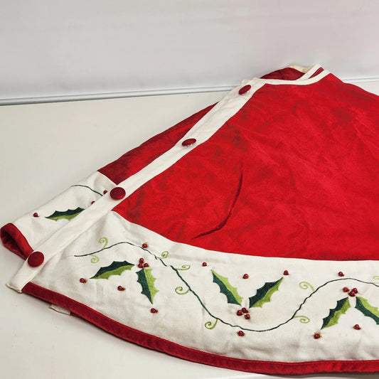 Red Christmas Tree Skirt 48" with Round White Holly Berries Trim Buttons Holiday