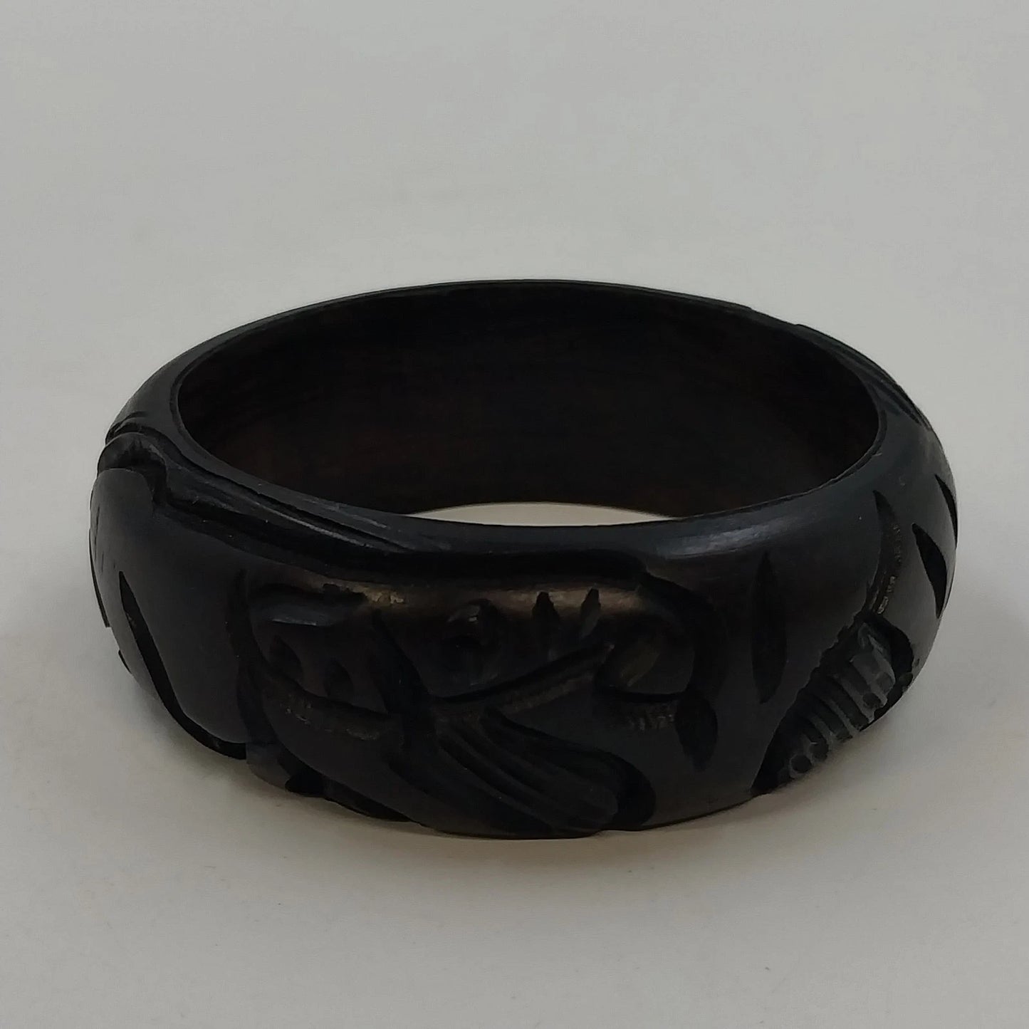 African Hand Carved Wood Wide Bangle Bracelet 2.5" Black Animal Design Tribal