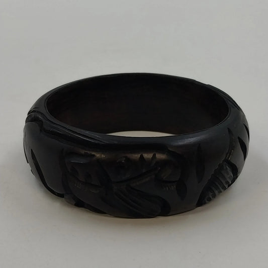 African Hand Carved Wood Wide Bangle Bracelet 2.5" Black Animal Design Tribal