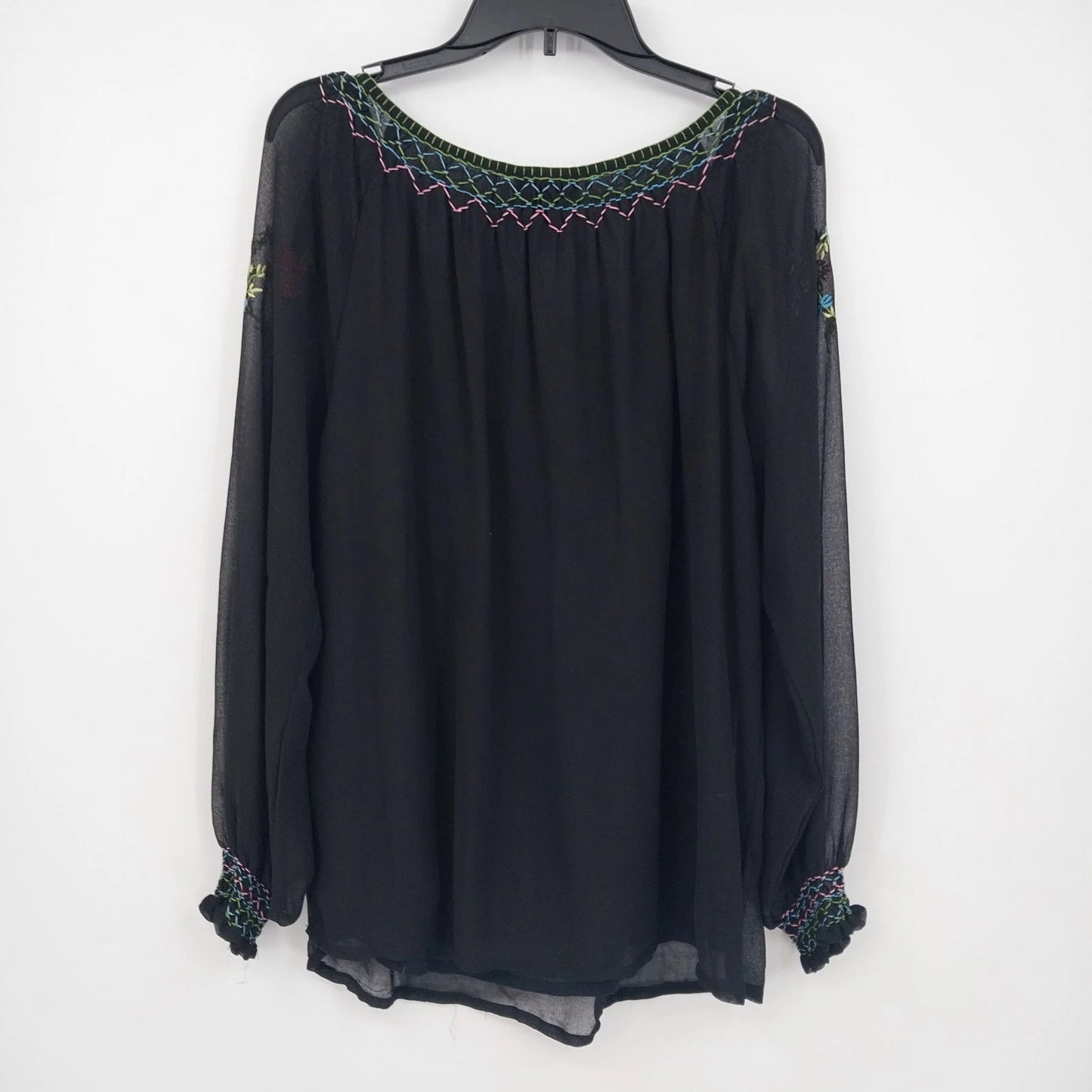 Notations Women's Embroidered Floral Peasant Blouse Tassel Long Sleeve Large