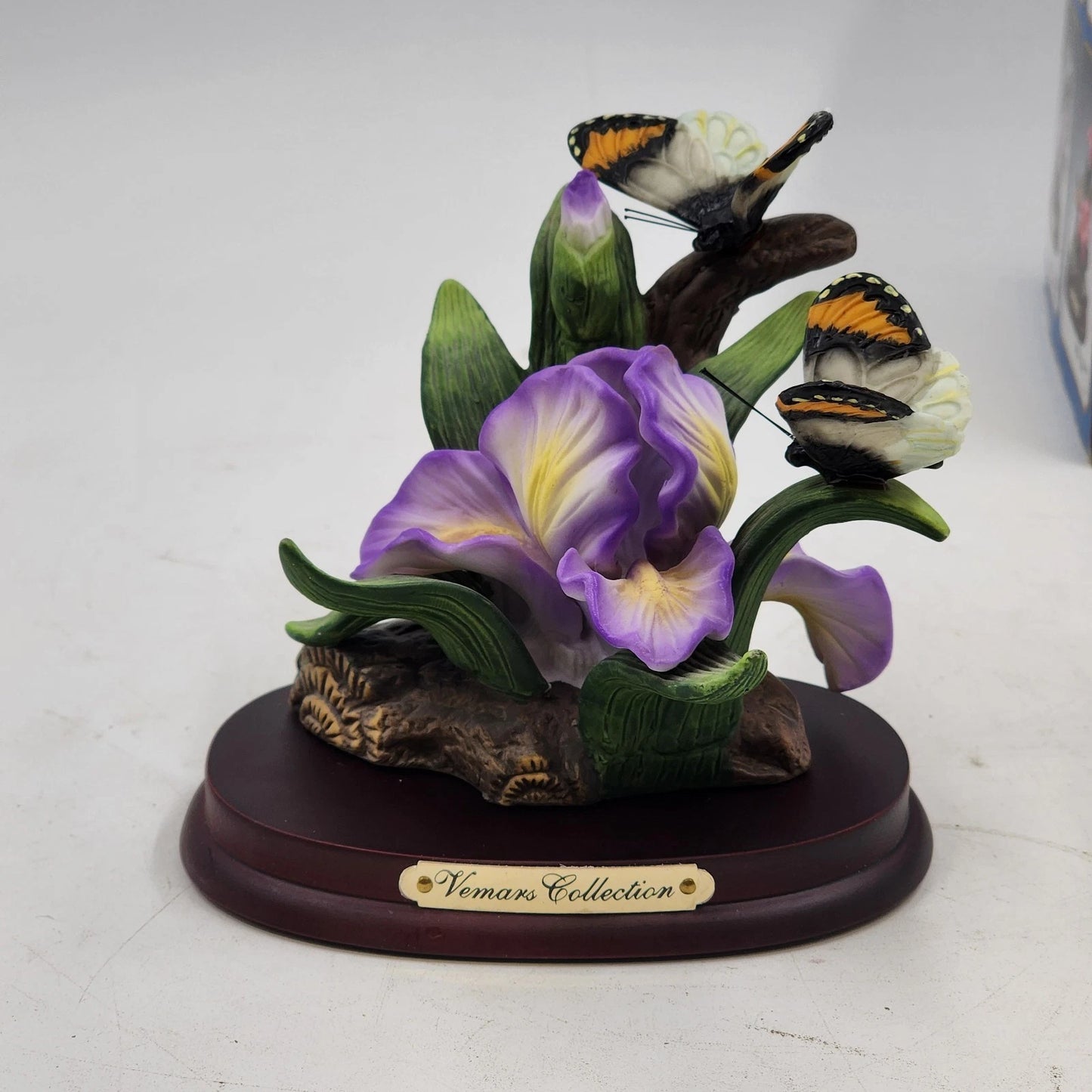 Vemar Collection Porcelain Figurine Purple Iris Red Rose 2 Butterflies Wood Base