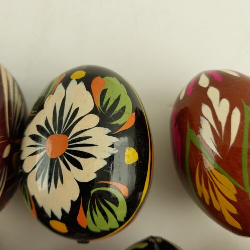 9 Brightly Decorated Easter Eggs Wood Ukrainian or Russian Plastic Covered