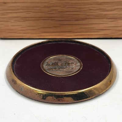 5 Solid Brass and Leather Coasters 4" with Wood Box Esther Price Candies Corp
