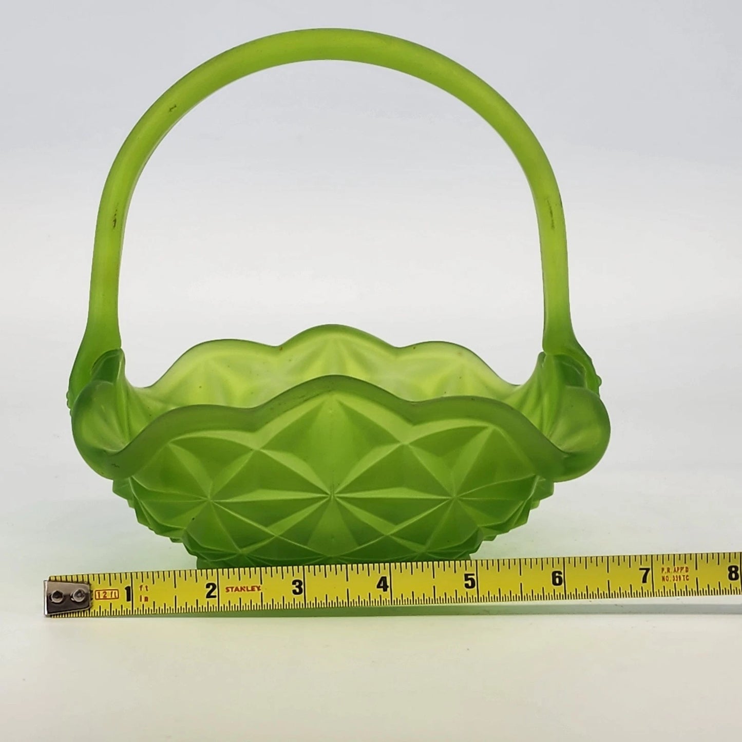 Westmoreland Green Satin Glass Basket Diamond Point Ruffled Candy Dish 6.5" Vtg