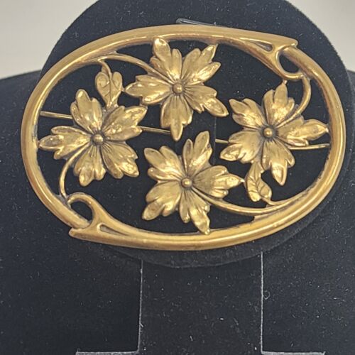 Gold Tone Floral Oval Brooch Flowers Vintage Costume Jewelry Ivy Leaf Danish