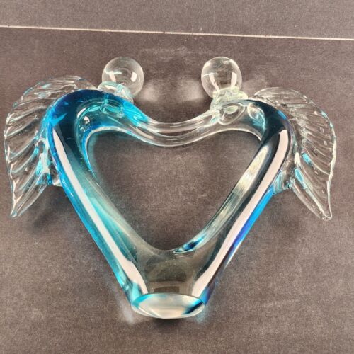 Dual Angel & Heart Murano Glass Sculpture Blue and Clear 11.5" Wide x 10" High