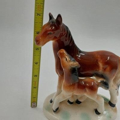 Equestrian Horse Mare & Colt Figurine Brown Black White Ceramic Vintage Japan 7"