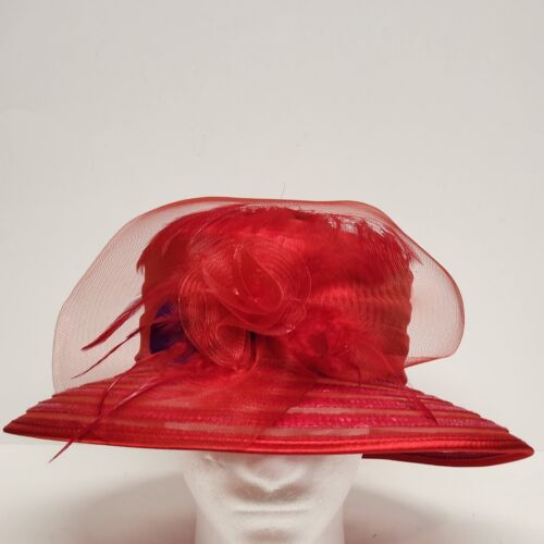 Women's Red Dressy Hat Banded Silk Bows Wedding Church Derby 100% Straw Vintage