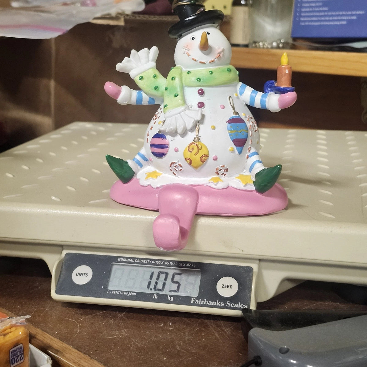 Snowman Stocking Holder Figurine 5.5" Pink Base Candle Scarf Hat Christmas Resin