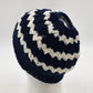 Handmade Crochet Messy Bun Beanie Hat Navy Blue White Striped Ponytail Cap New
