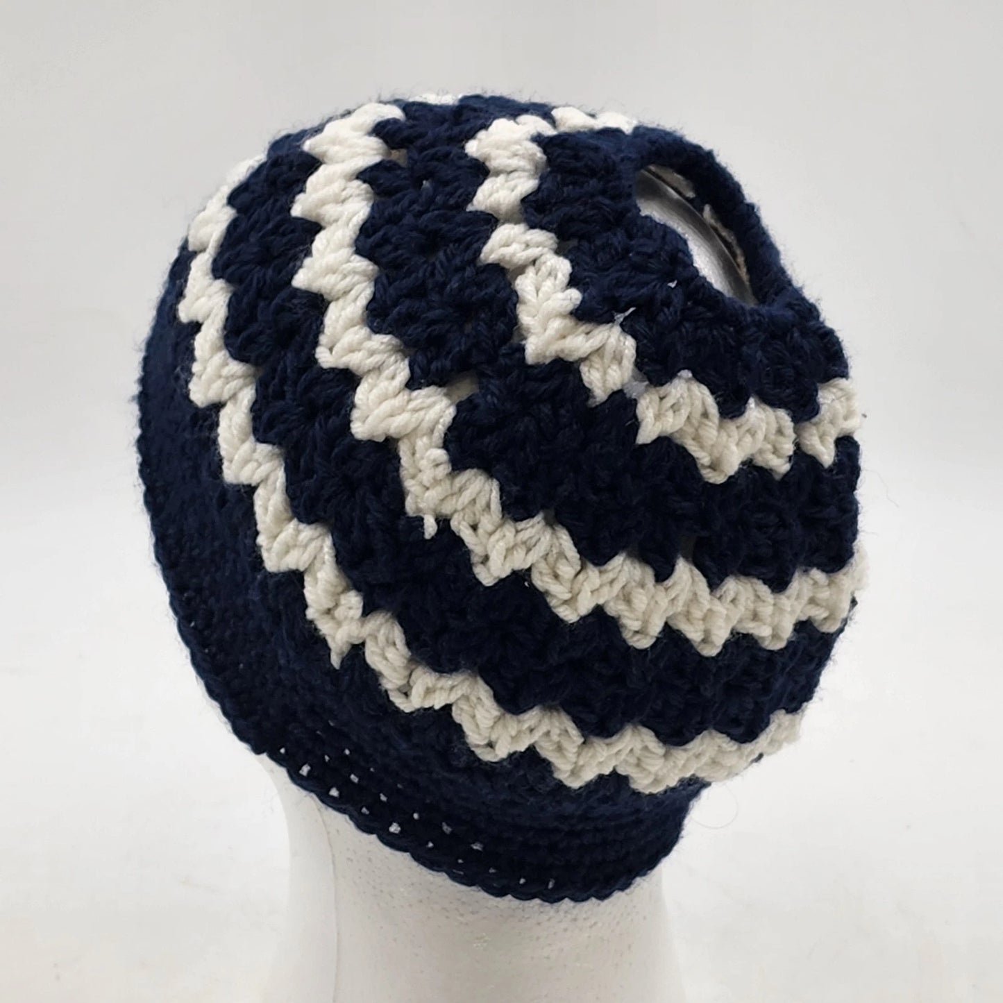 Handmade Crochet Messy Bun Beanie Hat Navy Blue White Striped Ponytail Cap New