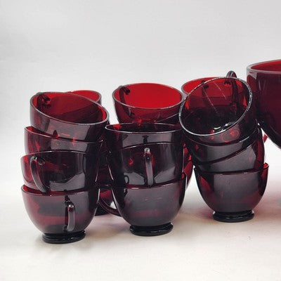 Royal Ruby Red Glass Punch Bowl 23 Cups and Stand Set by Anchor Hocking