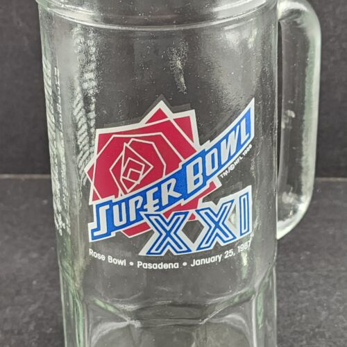 2 Super Bowl XXI Glass Stein Beer Mugs Fisher Nuts 1987 Rose Bowl Giants Broncos