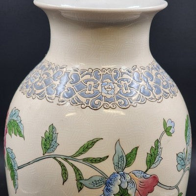 Large Macau Urn-Style Vase – Hand-Painted Pink & Blue Floral Design – 15" x 8" Vintage Oriental-Inspired Home Décor