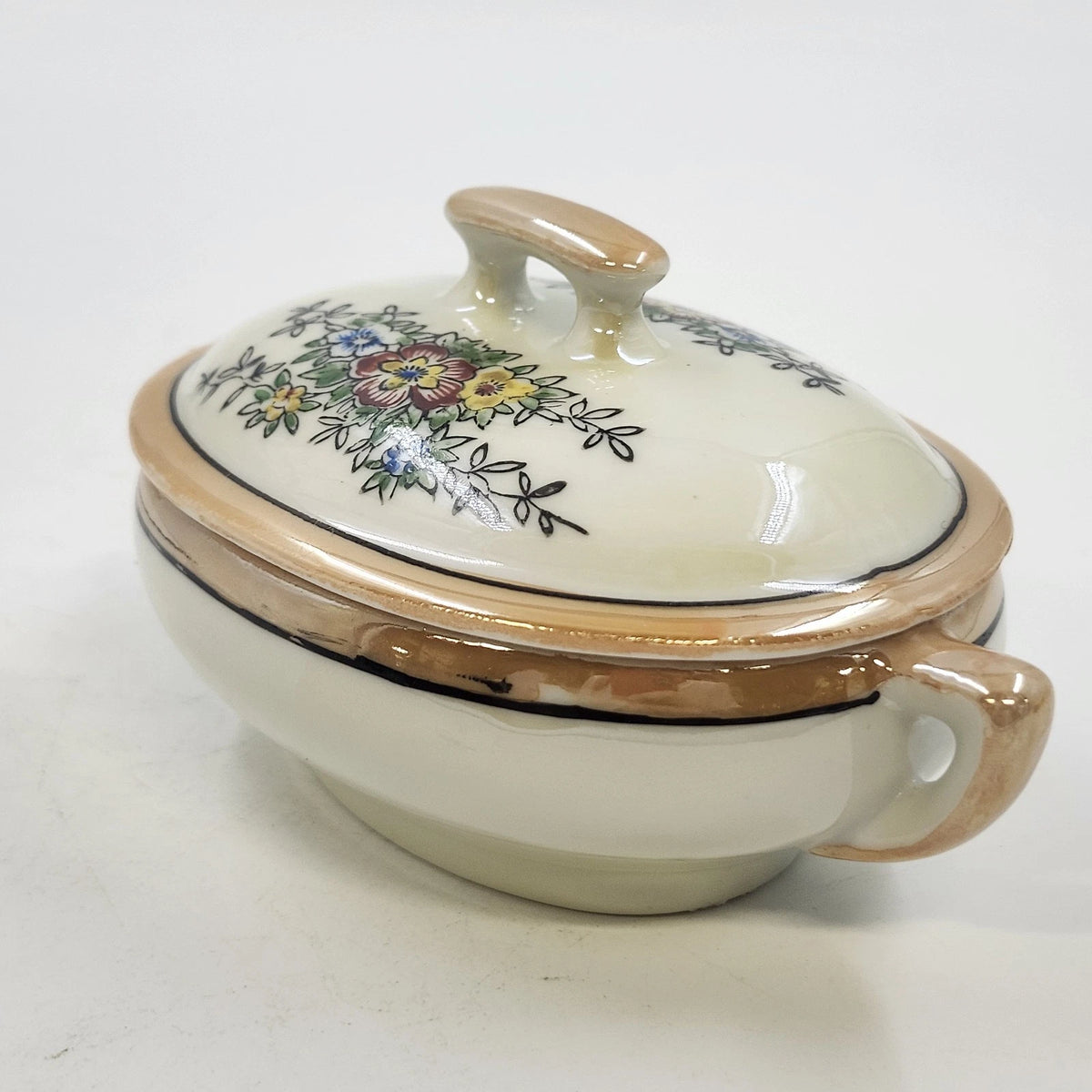 Japan Porcelain Covered Vegetable Bowl Hand Painted Floral Orange Luster 5.25"