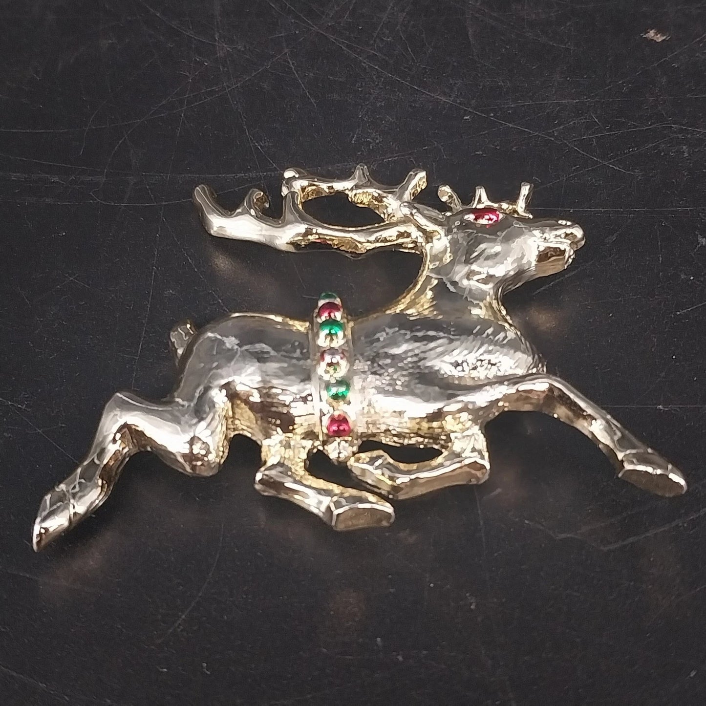 Reindeer Brooch Gold Tone Red Green Rhinestone Christmas Pin 2.5"x2" Vtg Holiday