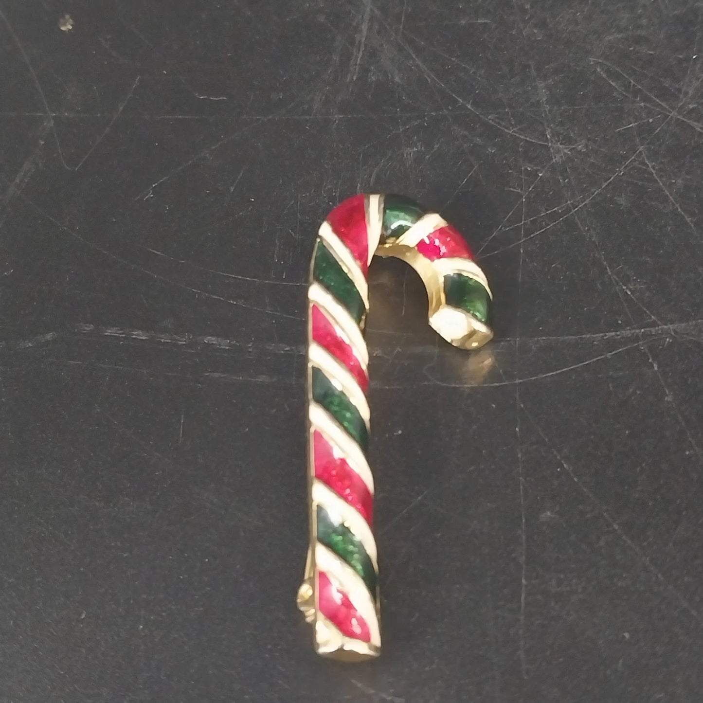 Candy Cane Christmas Brooch Pin Gold Tone Red Green Enamel 2" Holiday Vintage