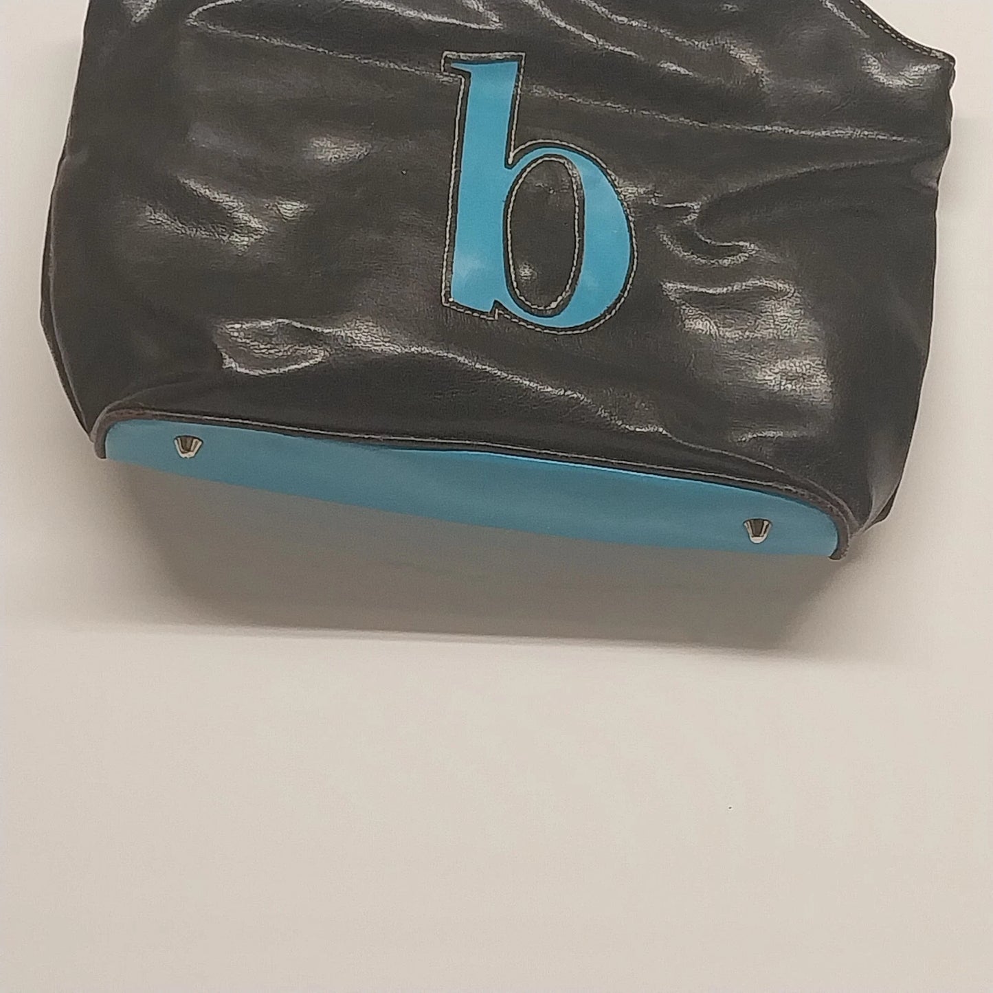 Fashion Express Black Faux Leather Tote Bag Blue Strap Zip Top