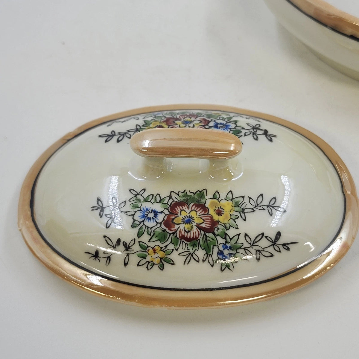 Japan Porcelain Covered Vegetable Bowl Hand Painted Floral Orange Luster 5.25"