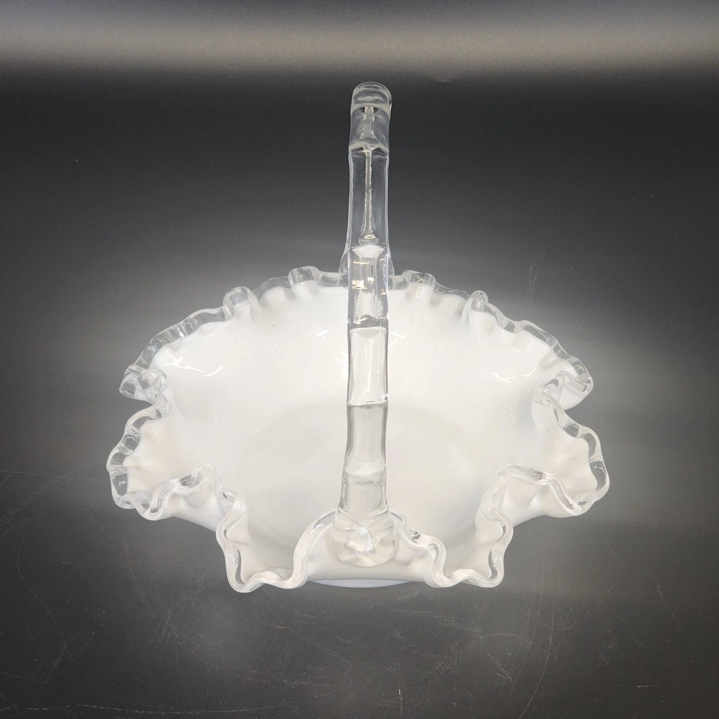 Fenton Silver Crest Milk Glass Basket Ruffled Edge Handle 8" Candy Dish