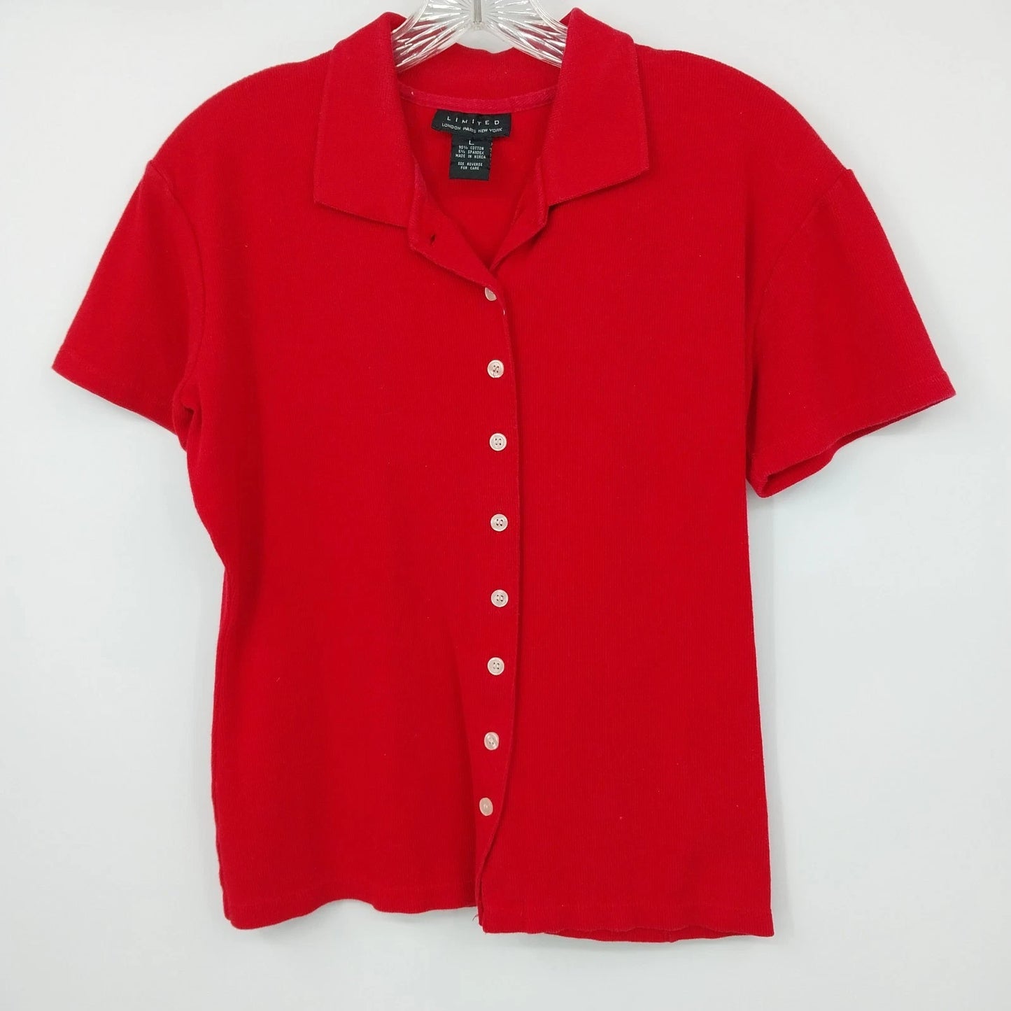 Limited Red Polo Shirt Women Large Cotton Stretch Short Sleeve Button Collar Top