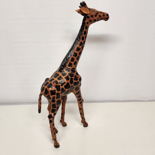 Leather Wrapped Giraffe Figurine Animal Vintage Large 18 Inch Tall Safari Décor