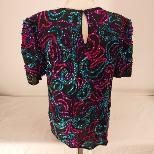 Mark & John Silk Sequined Beaded Top Size L Blue Pink Purple Short Sleeve AS IS