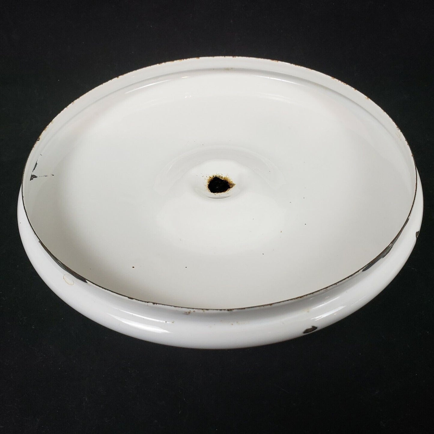 Fair Enamel Ware Pot Lid ONLY White Black Metal Knob Vintage Cover Round 8-5/8"