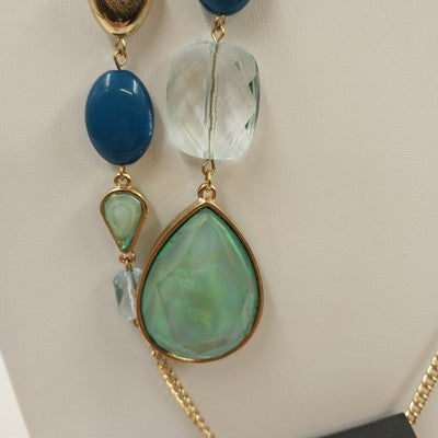 Catherines Gold Tone Teardrop Blue Gem Bead Necklace Lobster Clasp 21" Long