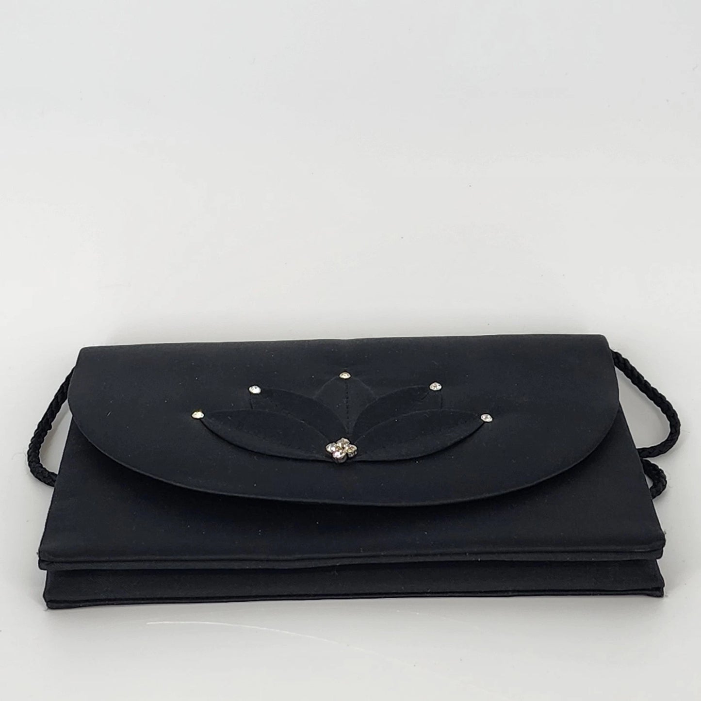 Nina Ricci Paris Black Evening Bag Rhinestone Flower Braided Strap Purse Unused