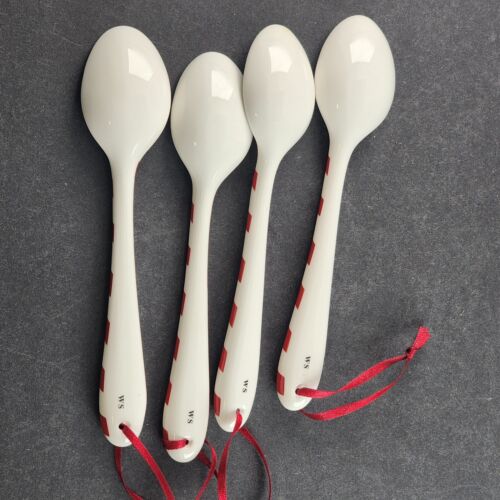 4 Snowman Chief Spoons by Williams Sonoma Christmas Ceramic Red Ribbons 6.5"