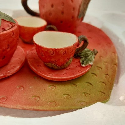 Wong's Polyresin Miniature Tea Set Strawberry Teacups & Teapot Collectible 5"