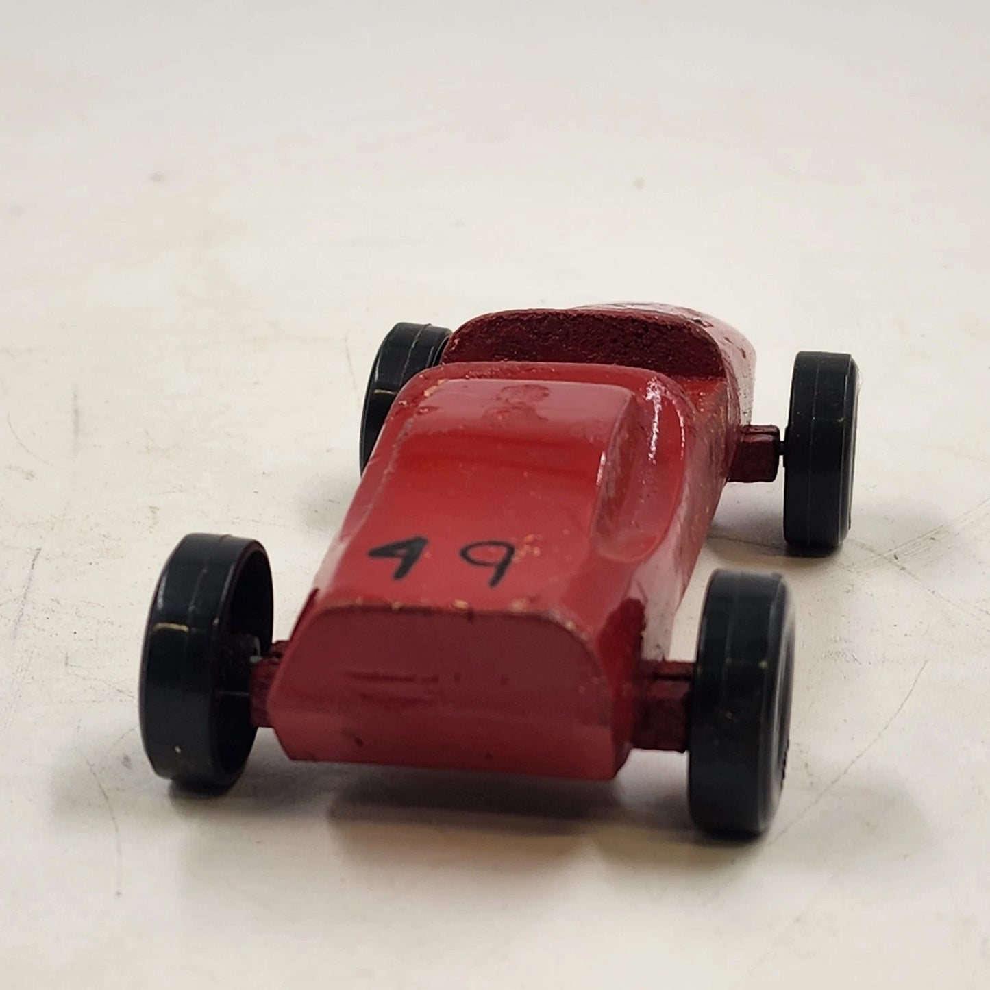 Pinewood Derby Car No 49 Red Handmade Wood Racer Vehicle w/ Winner Ribbon 1975