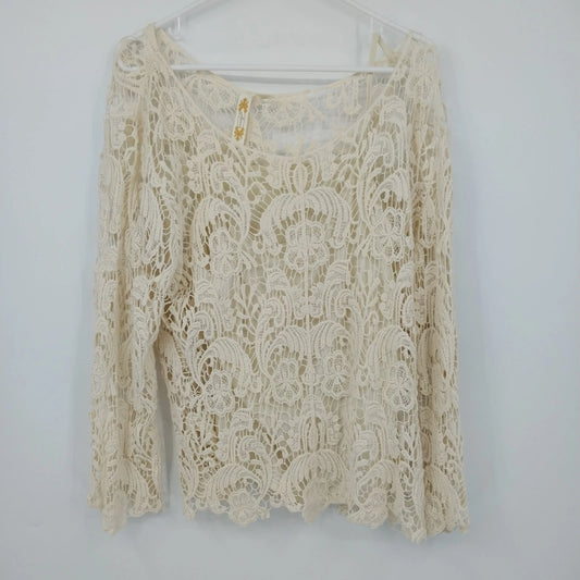 Adiva Cream Crochet Lace Boho Top Women's XL Long Sleeve Sheer Cotton Overlay