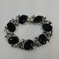 Silver Tone Bracelet Black Enameled Leaf & Faceted Glass Oval Beads