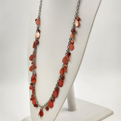 Necklace Silver Tone Pink Coral Shade Stone Beads 36" Long Lobster Closure