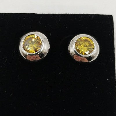 Silver Tone Yellow Sapphire Round .5" Faceted Stone Stud Earring Jewelry