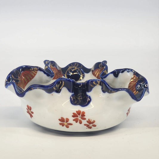 Japanese Imari Porcelain Ruffled Bowl 6" Cobalt Blue & Gold Gilt Floral Vintage