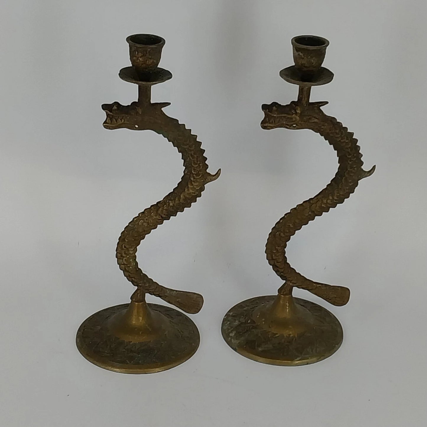 Vintage Brass Dragon Serpent Candlestick Holders Pair Korea